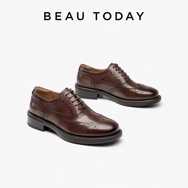 BEAUTODAY Retro Oxfords Women Calfskin Leather Solid Color Round Toe Brogue Flats Lace-Up Ladies Dress Shoes Handmade 21533