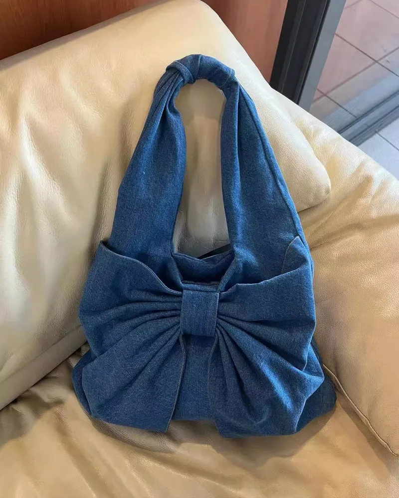 

New Fashion Bow Denim Single Shoulder Bag For Women Exquisite Blue Handheld Bag Simple Style Large Capacity Commuter Tote Bag