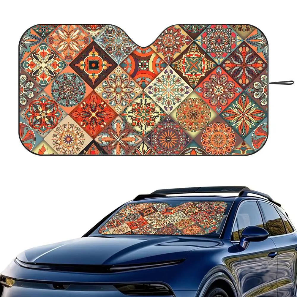 

Colorful Mandala Tiles Car SunShade Windshield Foldable Three-layer Insulation Sunshade By Suction Cup Blocks UV Rays Sun
