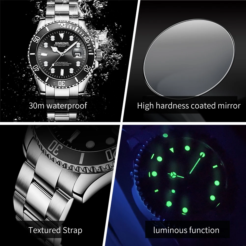 BINBOND Couple Watches 2pcs Trend Fashion Original Quartz Watch for Lover Classic Log Dial Waterproof Stainless Steel Luminous