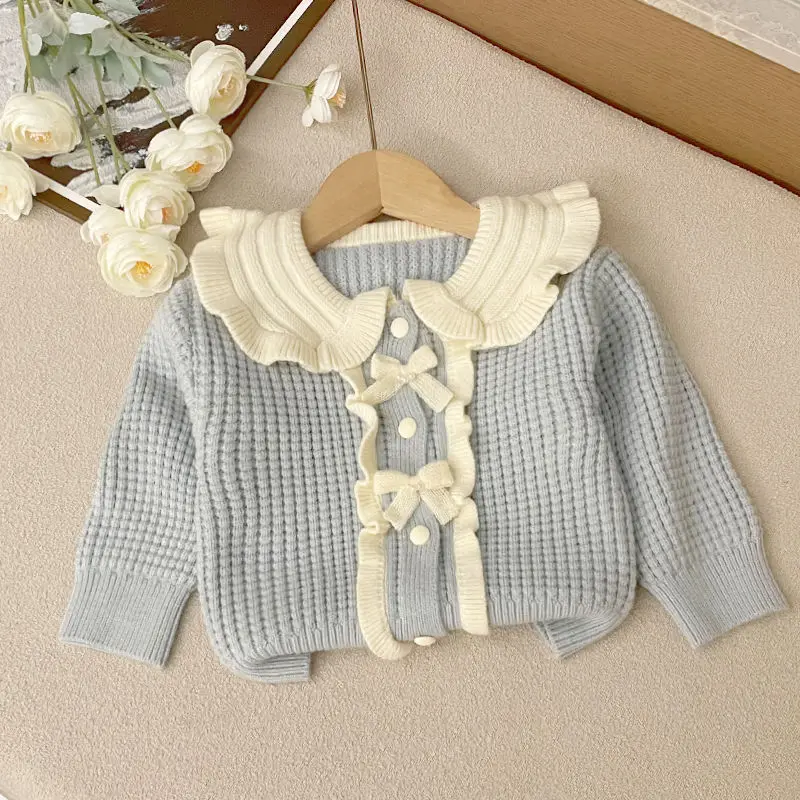 girl Two piece set autumn winter christmas new 2024 Head cover Long sleeves bow Flip collar knitted sweater Solid Pleated skirt