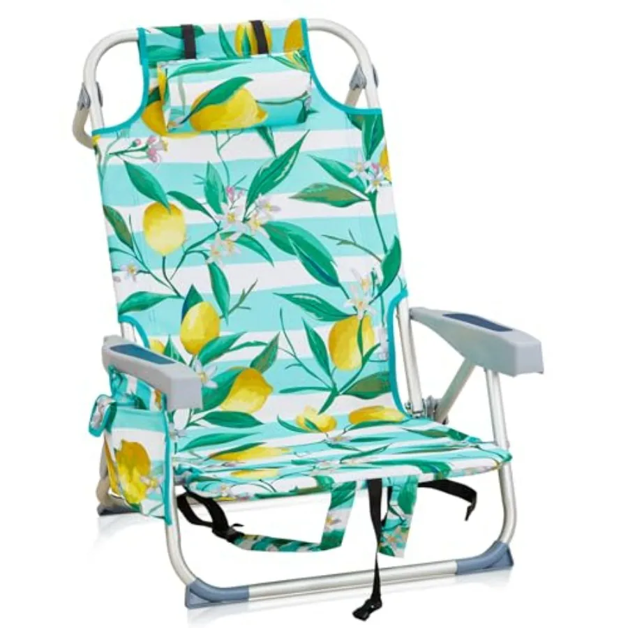 

Beach backpack chair with 5-position adjustment, polyester fabric, navy blue, integrated cooler pouch and side storage bags for