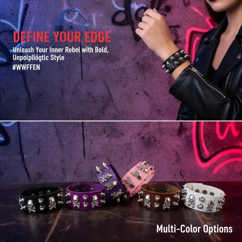 1Pcs Punk Gothic Skull Bracelet Chains Metal Spikes Rivet PU Leather Wristband Cuff Bangle Wide Cuff Bracelet Women Men Jewelry