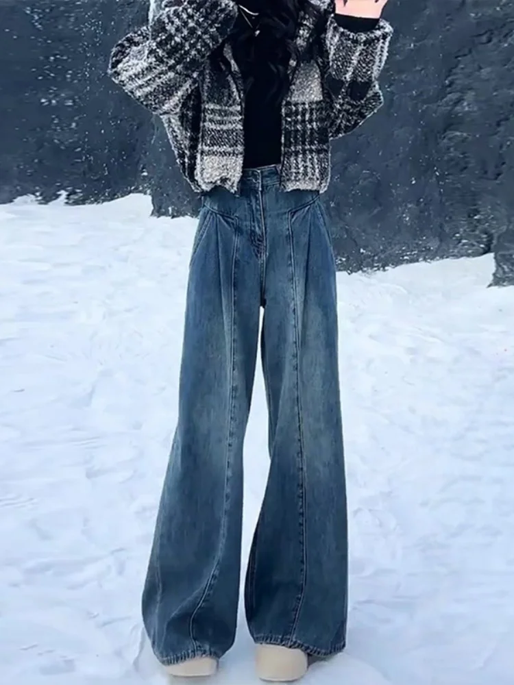

Thickened Fleece Women's Jeans Autumn Winter Loose Wide Leg Pants Vintage High Waist Denim Casual Warm plus Size Slimming