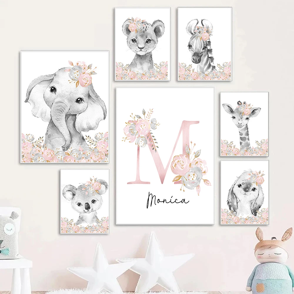 

Custom Baby Name Nursery Wall Art Poster Personalize Canvas Painting Print Pink Flower Animals Wall Picture for Girl Bedroom Art