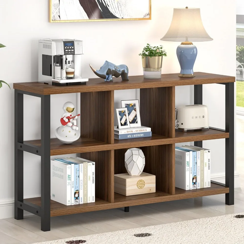 Industrial Style Horizontal 6-Cube Bookshelf, Rustic Walnut Finish for Living Room or Bedroom Storage (47 Inches)