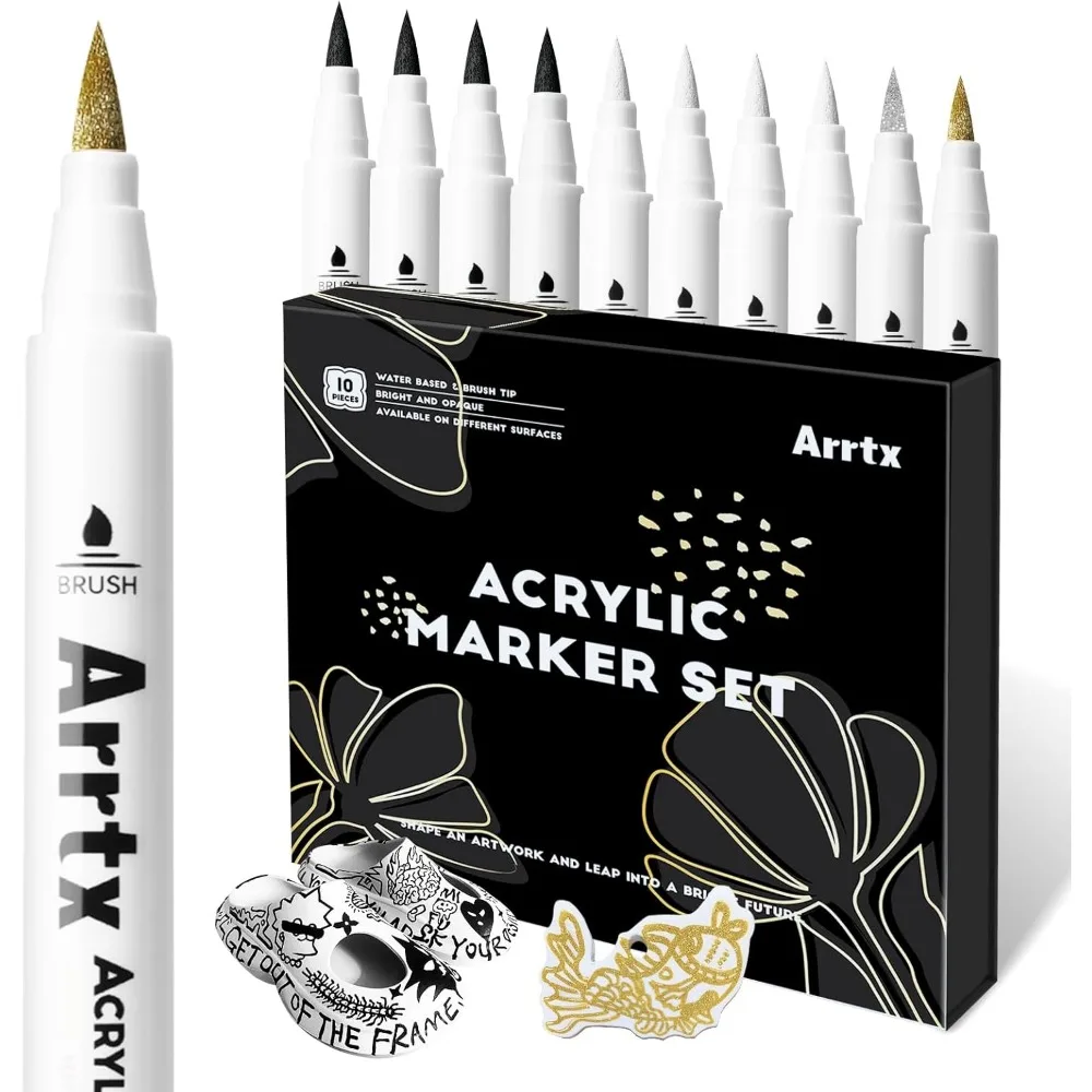 Arrtx Acrylic Paint Pens 10 Pack Extra Brush Tip White Paint Markers Metallic for Rock Wood Glass Canvas Ceramic Water Based Ink