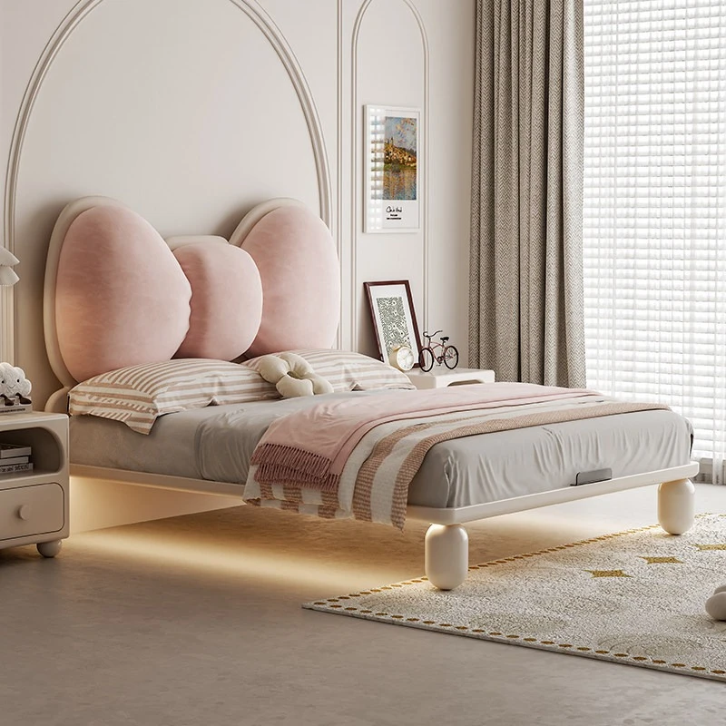 Cama infantil de madera color crema para niña, estilo minimalista con lazo, bolsa suave, base individual de princesa, armazones de cama, muebles para el hogar