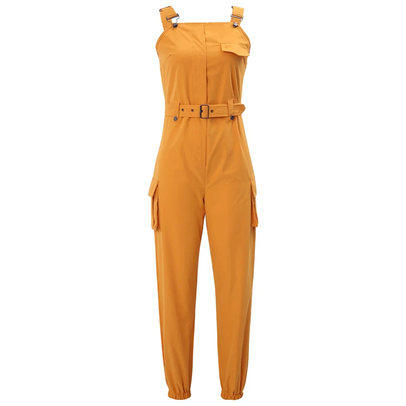 

Women s Solid Color Cargo Jumpsuit Square Neck Sleeveless Adjustable Straps Cargo Pants Beam Foot Jumpsuit with Belt