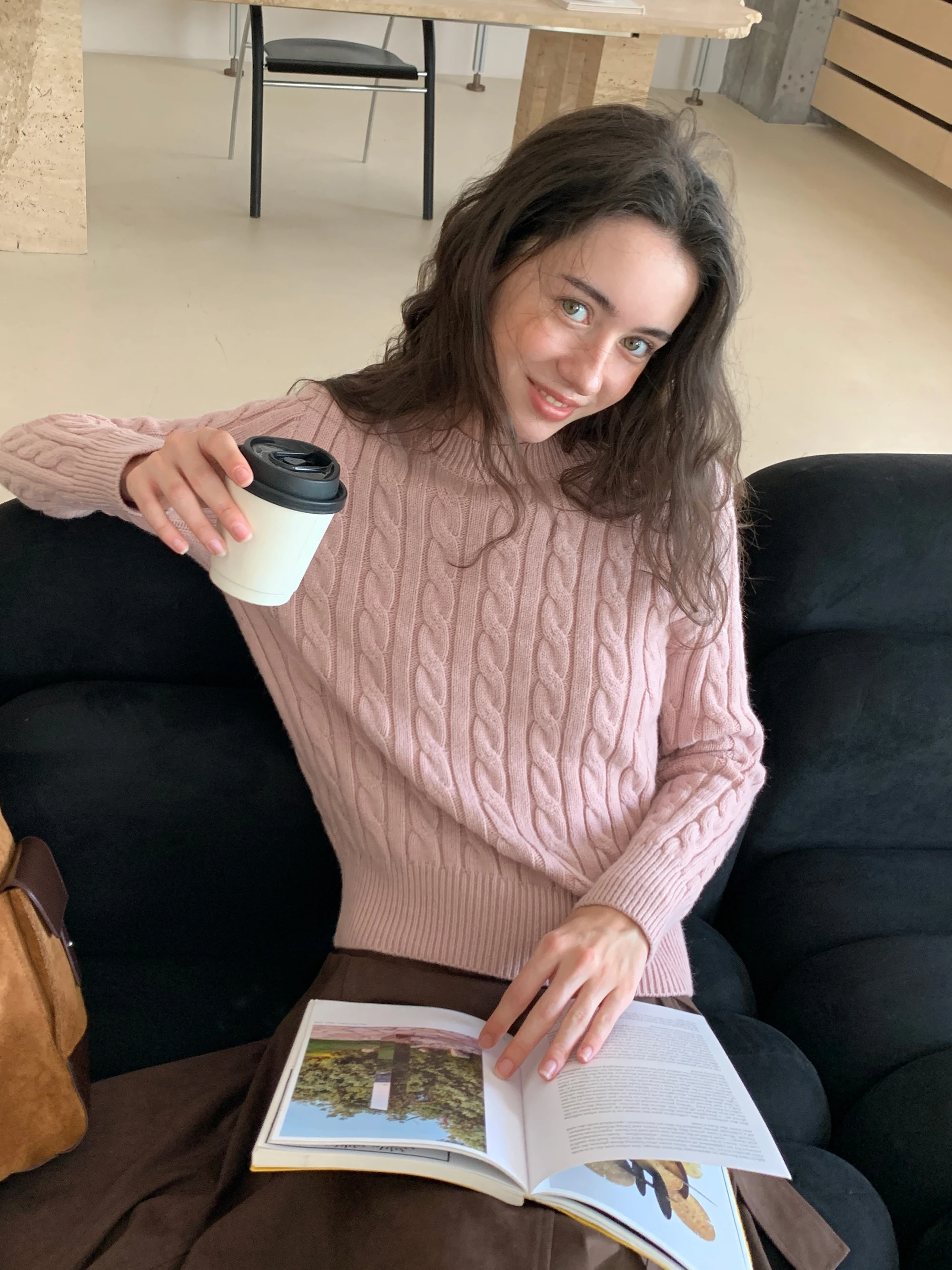 

Pink Knitted Long Sve Sweater EGGKA round Ne Casual Twist Soft Polyester Fiber Women's Faion Slimming Top