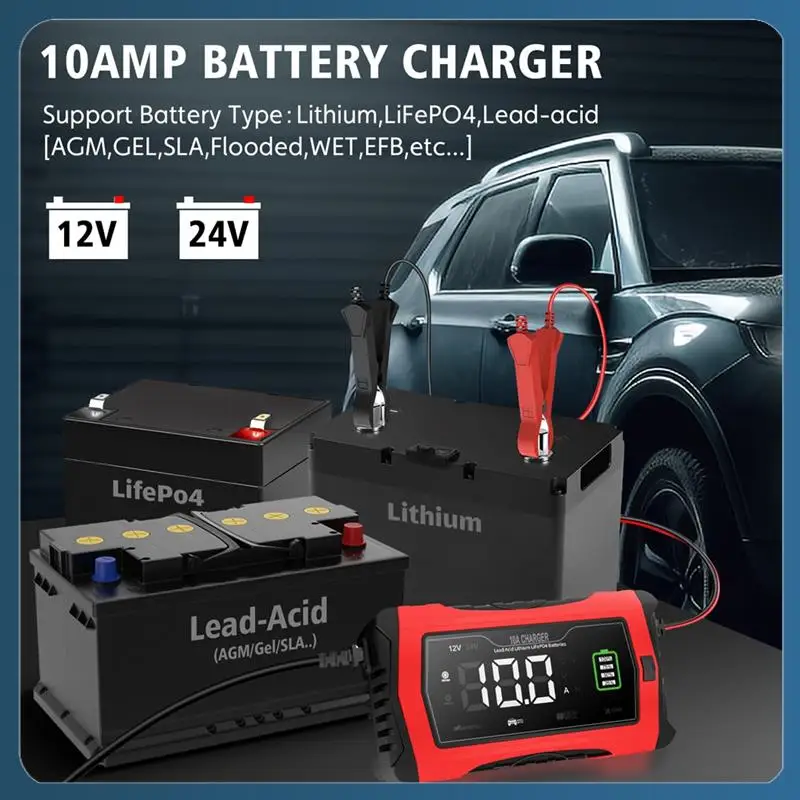 

Y22A-10A Automatic Charging For Lithium Lifepo4 GEL Lead-Acid Batteries 12V 24V Motorcycle Charger Car Battery Charger