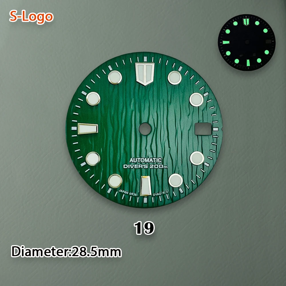 Quadrante da sub con logo S da 28,5 mm adatto per movimento NH35/NH36/4R/7S verde luminoso strumento di accessori per la modifica dell'orologio di alta qualità