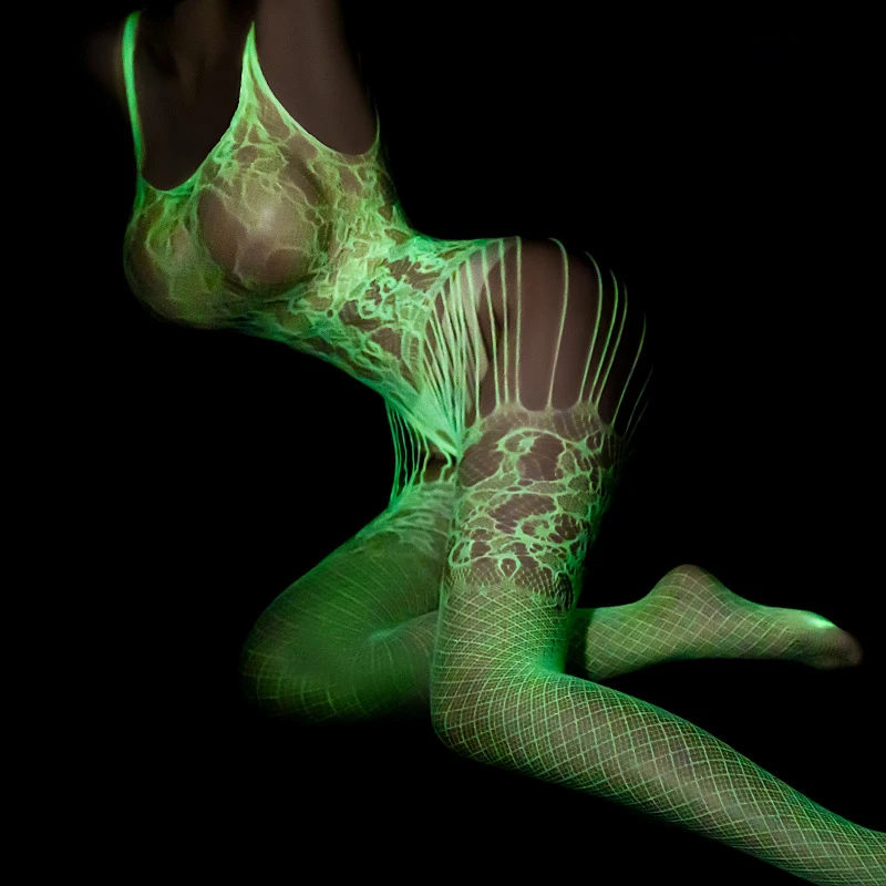 4 Styles Hollow Out Luminous Bodysuits Glow In The Dark Crotchless Tights Plus Size Elastic Mesh Body Stockings Sluty Underwear