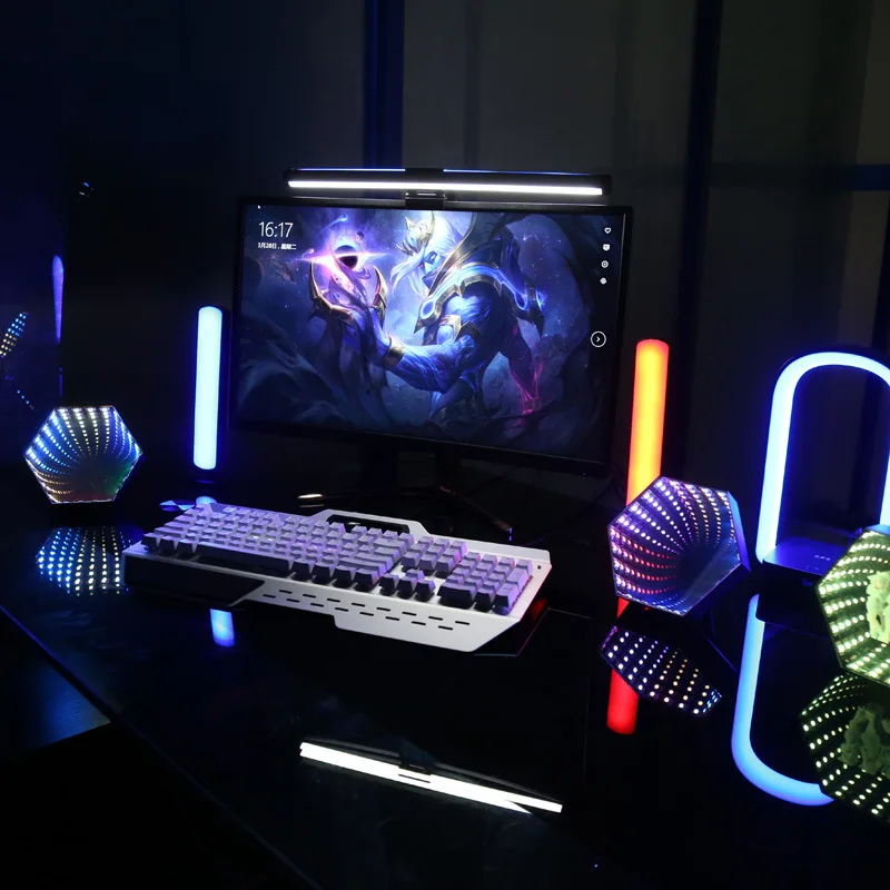 RGB 3D Hexagonal Mirror Tunnel Light LED Desktop Ambient Lamp Compute Game Music Rhythm Sync Pickup Lights Room Decoration