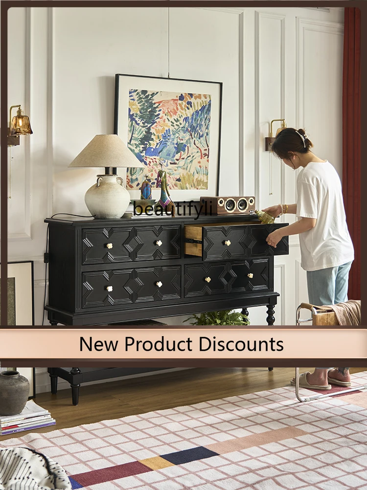 

French Style Black Solid Wood Entryway Cabinet Vintage Living Room Mid-century Chest of Drawers High-end Storage Cabinet