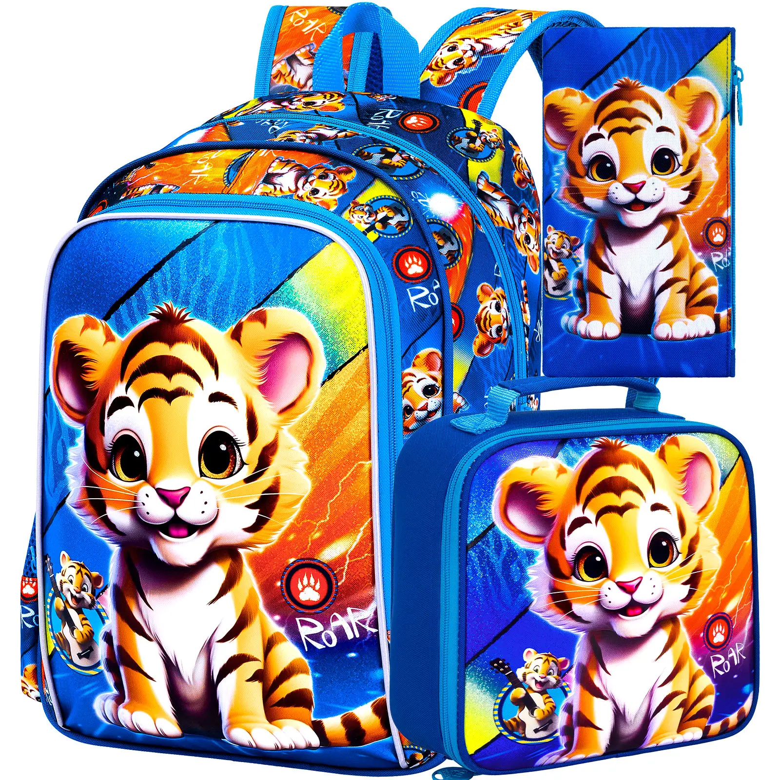 

16" Boys Backpack, Kids Bookbag with Lunch Box, 3Pcs Tiger School Backpacks for Elementary Preschool Kindergarten