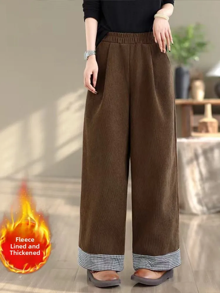 กางเกงขายาวทรงตรงเอวสูงผ้าทวีตลายสก็อตสำหรับผู้หญิงใส่สบายในฤดูหนาว