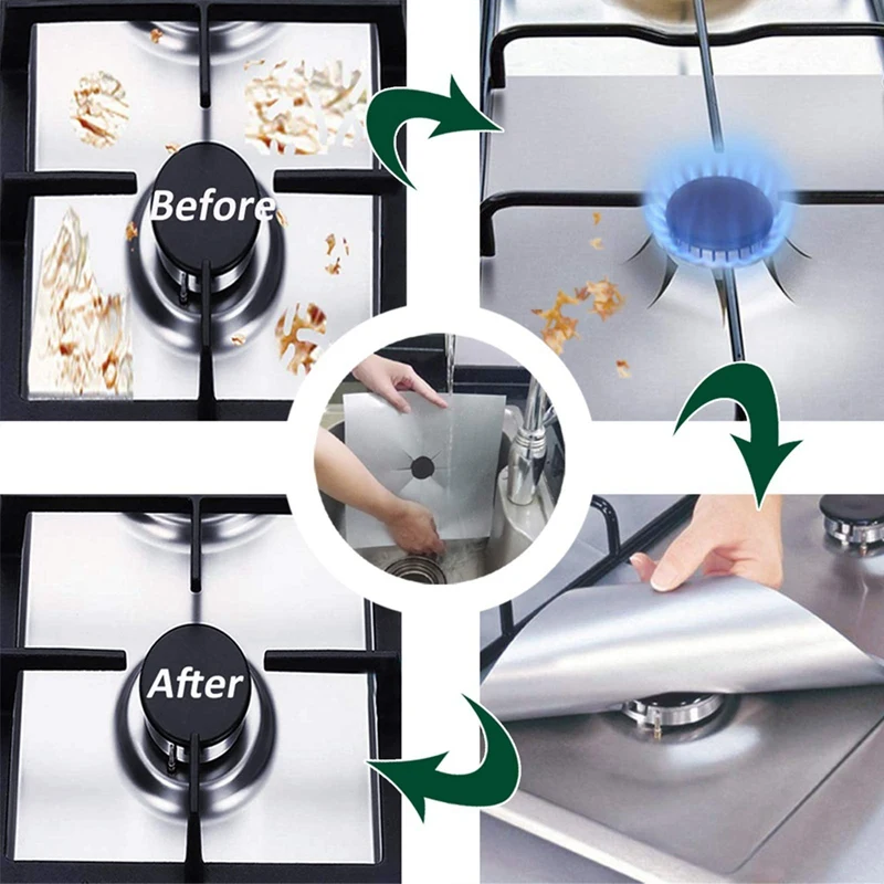 スクエアストーブバーナーライナーカバー、シルバーストーブトップカバー、3倍厚、取り付けが簡単、0.2mm、8パック