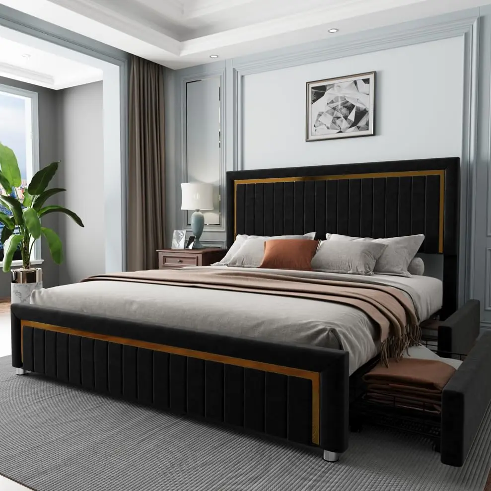 Queen Size Velvet Upholstered LED Storage Bed Frame, Black | Platform Bedframe, 4 Storage Drawers, Channel Tufted, Customized