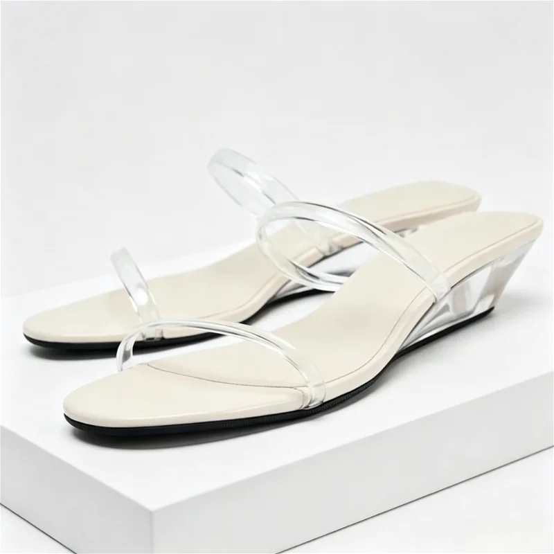Zapatillas de cuña con punta abierta para mujer, zapatos sexys de diseñador de banda estrecha de PVC transparente, cómodas sandalias deslizantes a la moda, verano