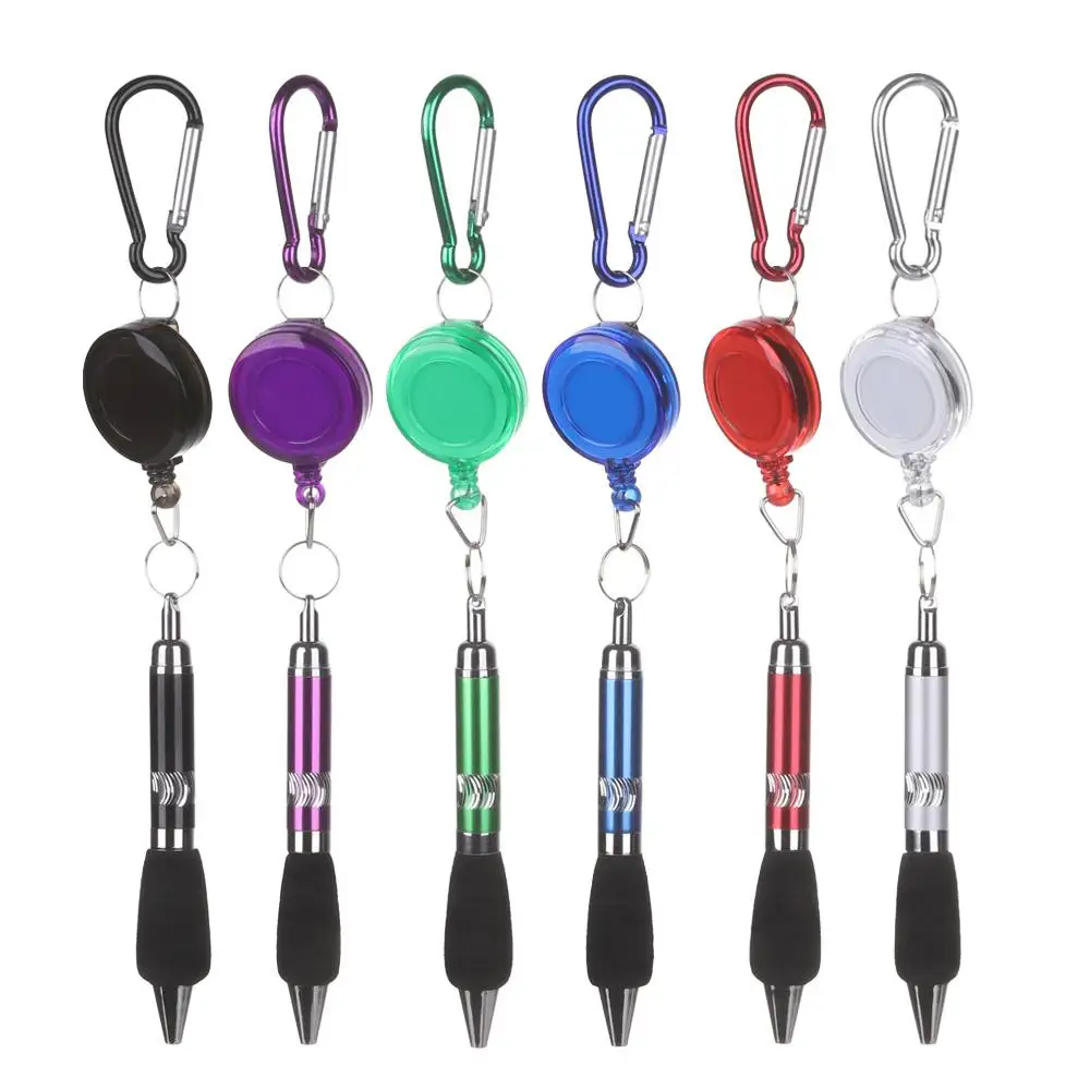 1Pc Mini Ballpoint Pen with Carabiner Buckle Ring Key Chain Anti-Lost Pull-String Pen Metal Ball-Point Pen School Office Supply