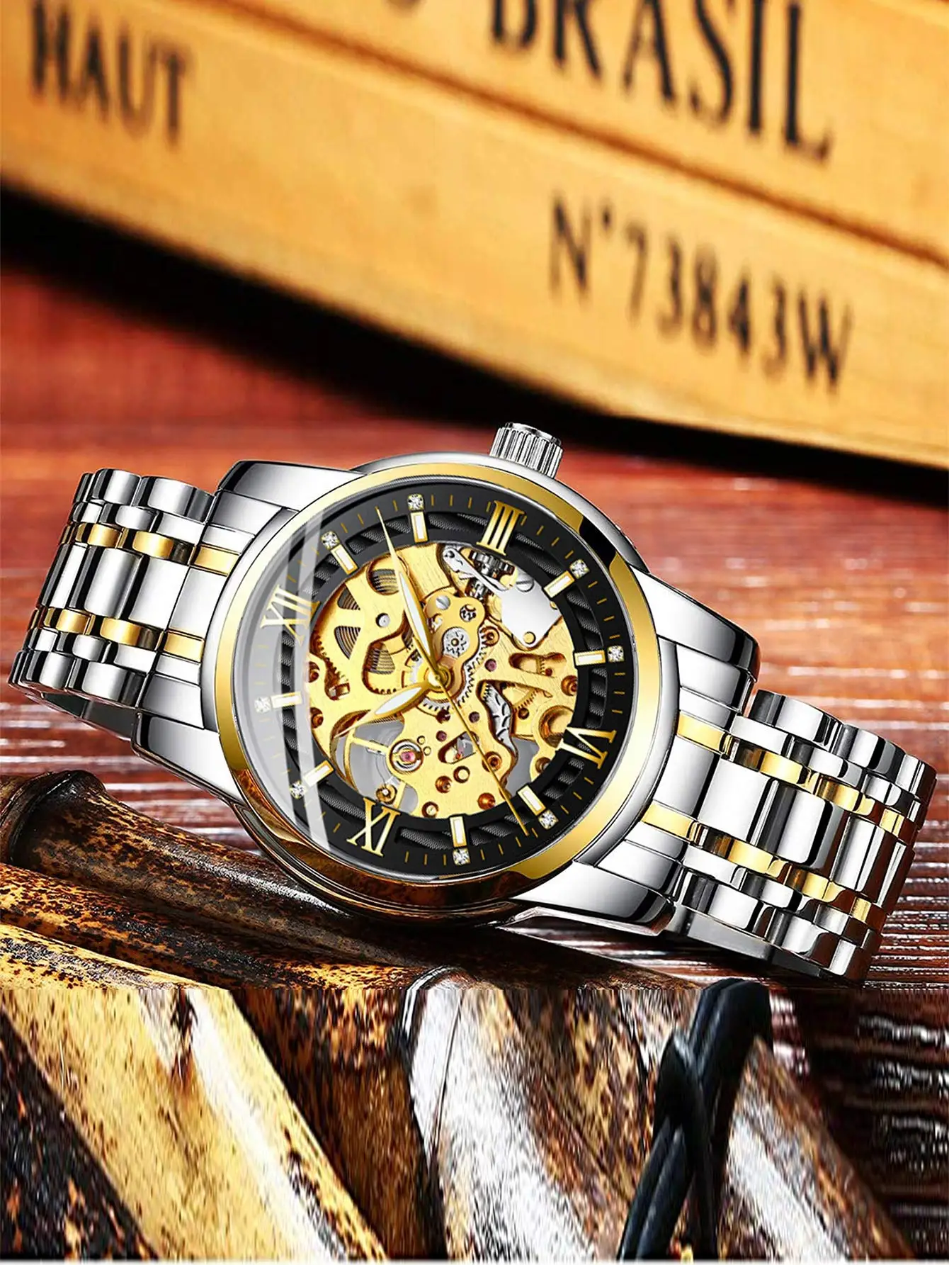 BIDEN Classic Mechanical Watch Luxury Diamond Dial Luminous Hands Gold Skeleton Automatic Men's Watch Stainless Steel StrapWatch