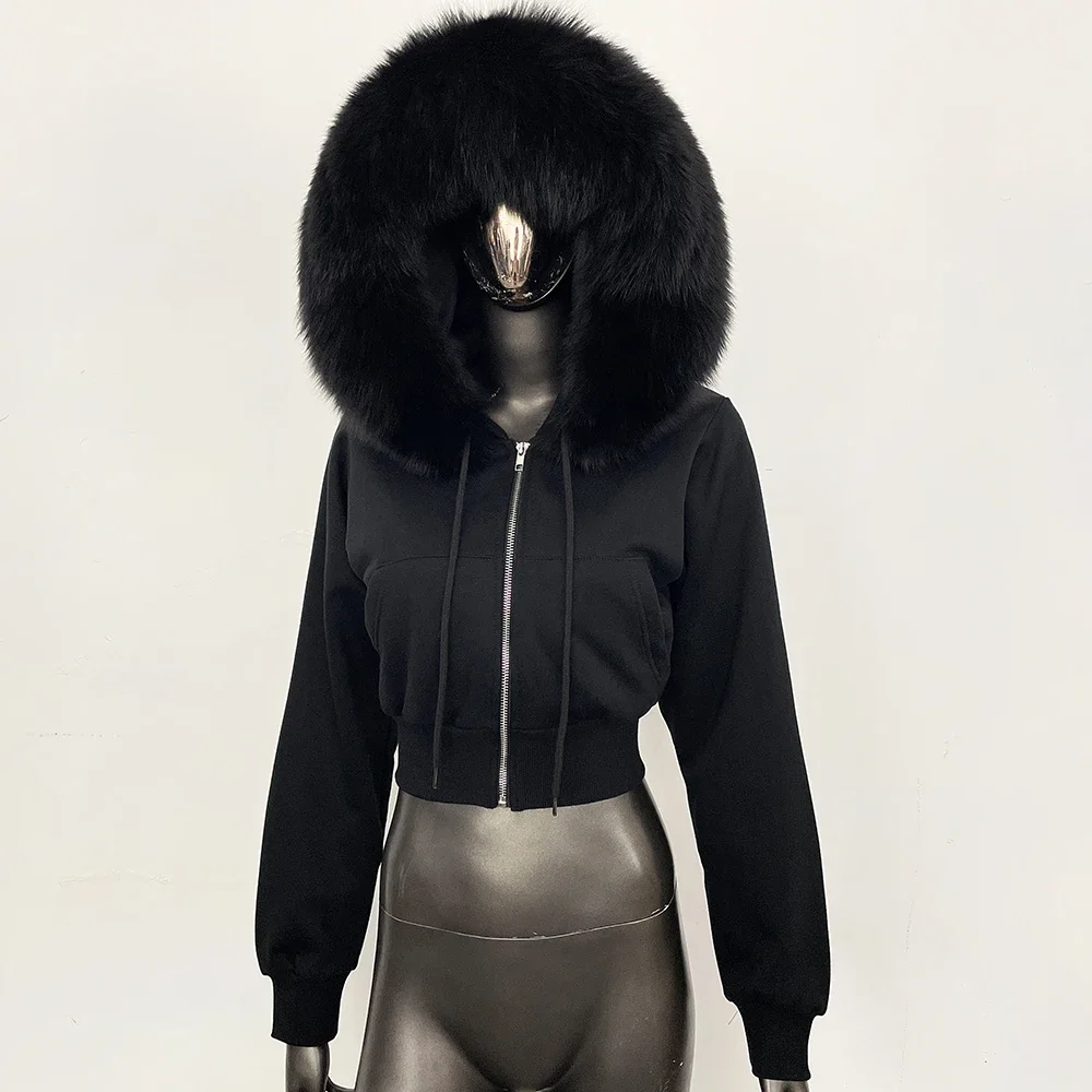 OFTBUY Lässige neue Winter-Oberbekleidung für Damen, echte Fuchspelz-Kapuzenjacke, kurze Jacke mit Reißverschluss und flauschigem Waschbärpelzbesatz. – Detail 7