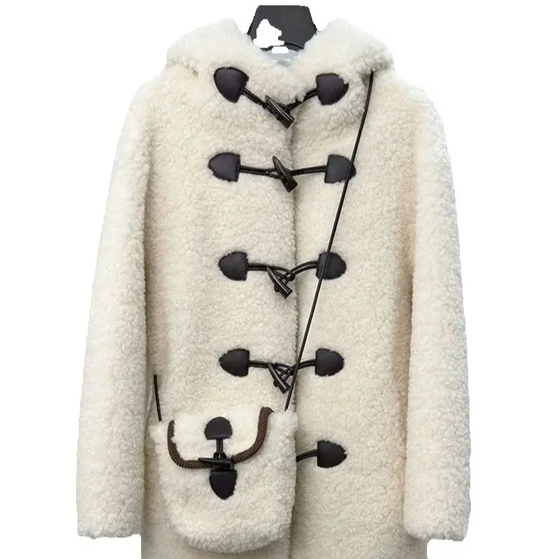 All-lamb fur coat, women's horn buckle hooded mid-length sheepskin and fur integrated coat, new style for winter 2025
