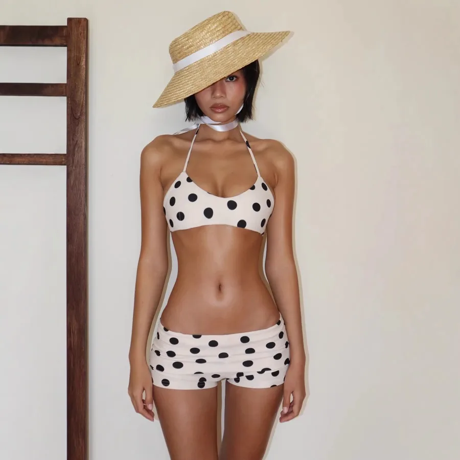 

【ХИТ】Европейский и американский ретро-костюм для пляжного курорта: горячие шорты в горошек для девушек, бикини с завязками на шее + трусики с низкой талией.