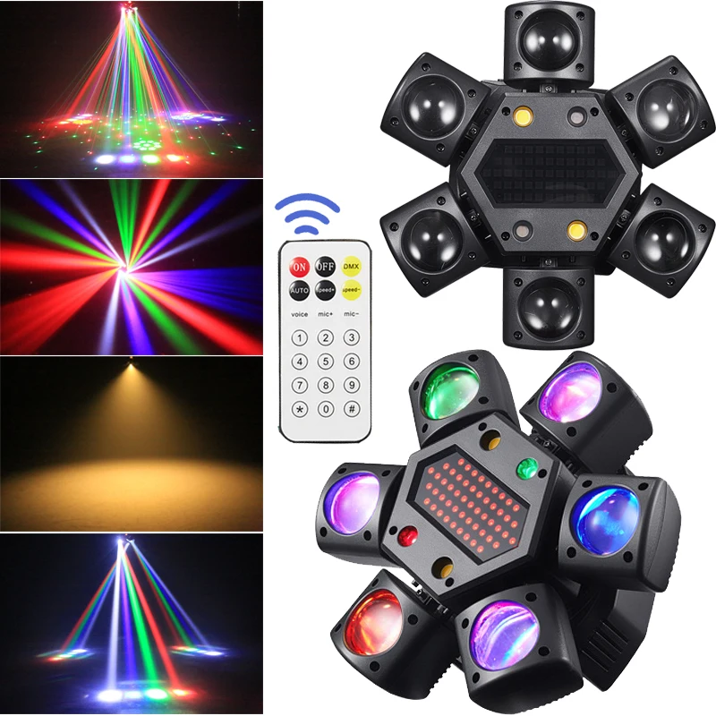 

Мини-шестиручевой стробоскоп RGBW, 80 Вт, лазерный узор, 4 в 1, светодиодный движущийся головной светильник с дистанционным управлением, DJ, диско-бар, вечеринка, шоу, DMX-лампа