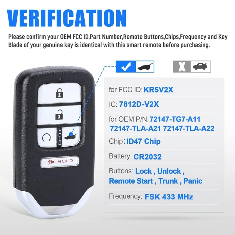 Autosleutelhanger Keyless Entry Afstandsbediening Kr5v2x Voor Honda Civic Crv Piloot 72147-tg7-a11 72147-tla-a01 433Mhz Id47 Chip