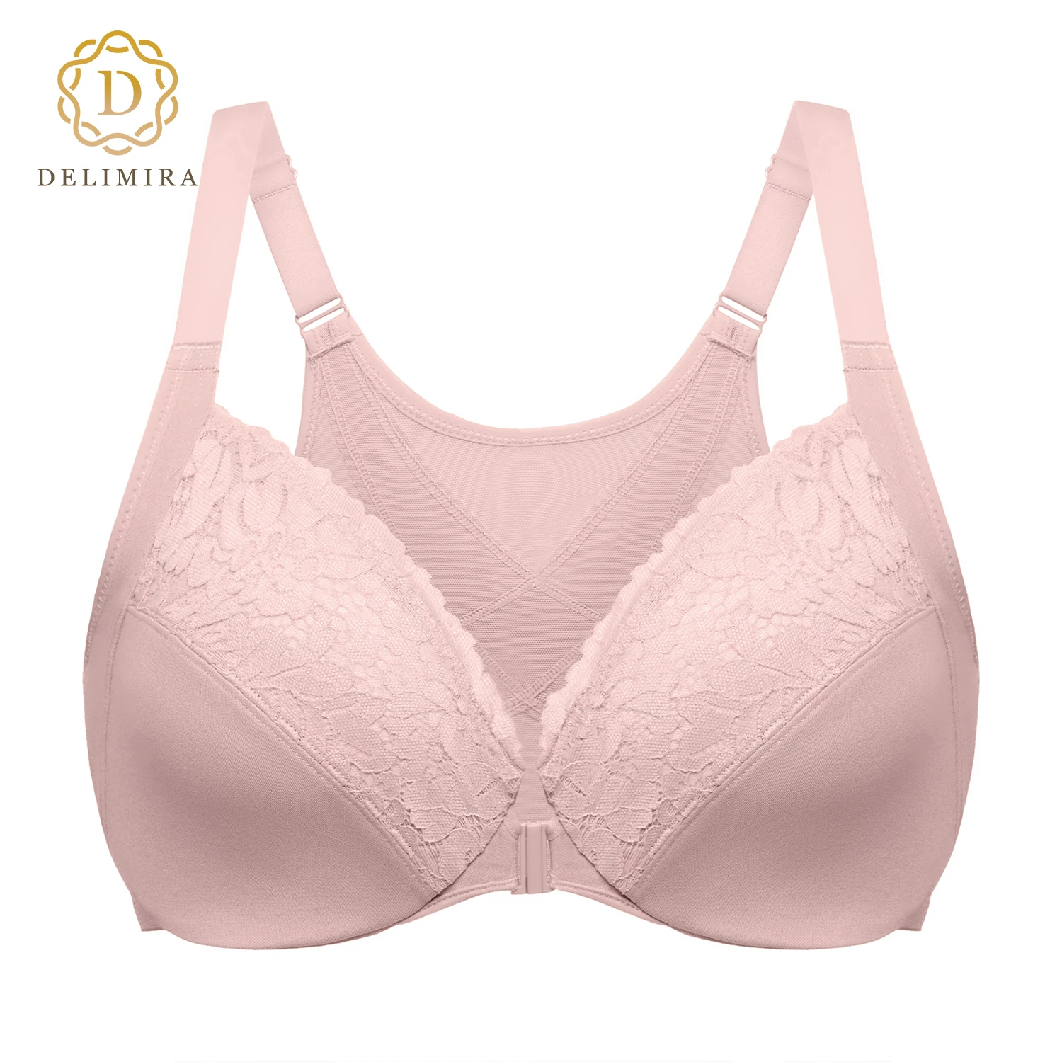 DELIMIRA Women's Front Closure Bras Posture Plus Size Full Coverage Lace Underwire Unlined Bra B C D DD E F