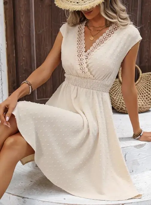 Women's Sleeveless Lace Trim V - Neck Mini Dress Smocked Waist and Textured Fabric  A-line Skirt