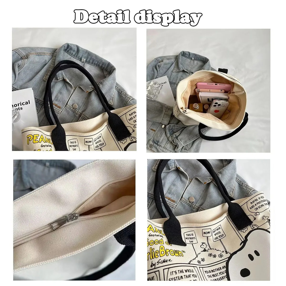 Kawaii Snoopy Cartoon Canvas Handbag Large Capacity Simple Shoulder Bag Casual Tote Shopping Handbag Daily Gift view 5