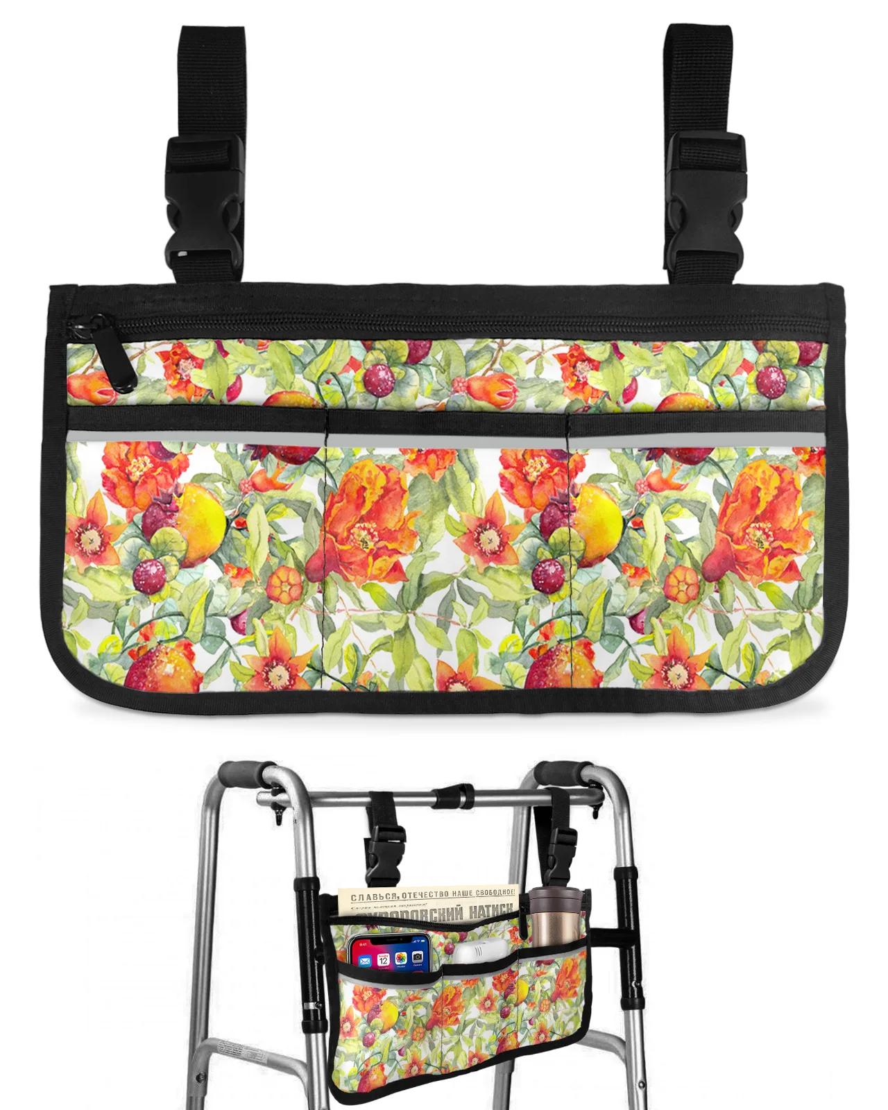 Summer Fruit Pomegranate Watercolor Wheelchair Bag With Pockets Armrest Side Bags Electric Scooter Walking Frame Storage Pouch