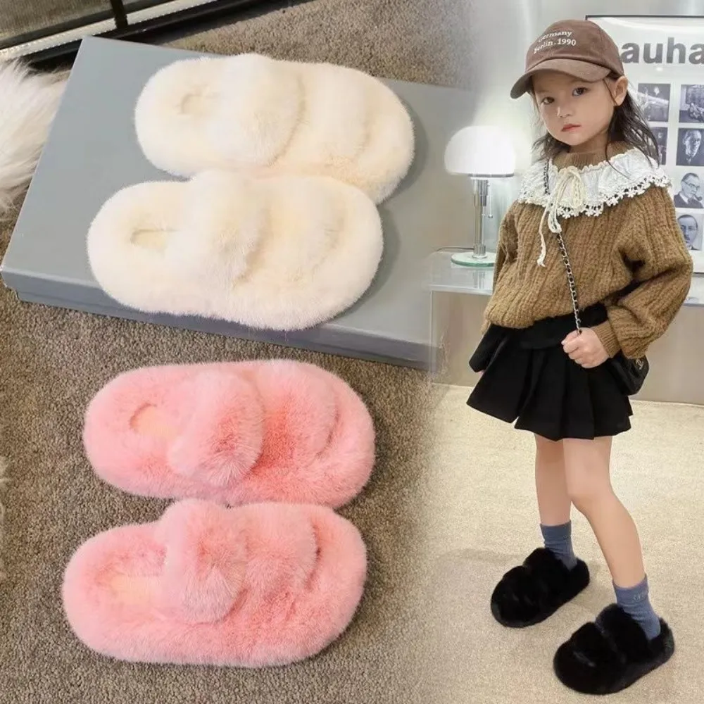 Plush House Cross Kids Slippers Soft Sole Non-slip Children's Slipper Winter Warm Boy Flip-Flops Indoor Home Fluffy Girls' Shoe
