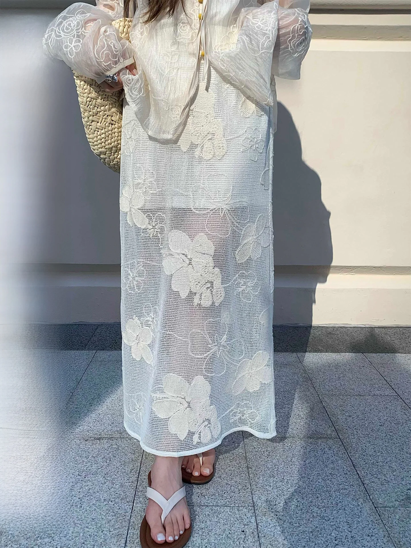 

Романтичная вышитая ажурная юбка-макси для женщин, А-силуэт, свободный крой, с завышенной талией, однотонная, лето 2025