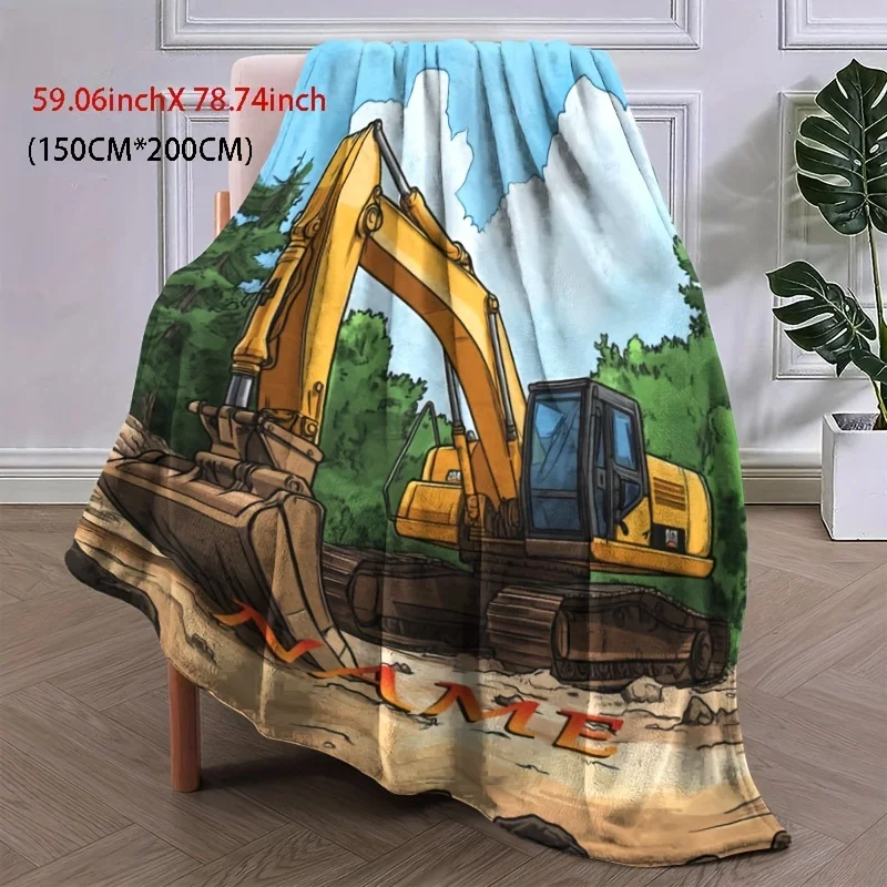 A customizable excavator cartoon design plush blanket,digital printed soft polyester,modern style,all season knitted comfortable