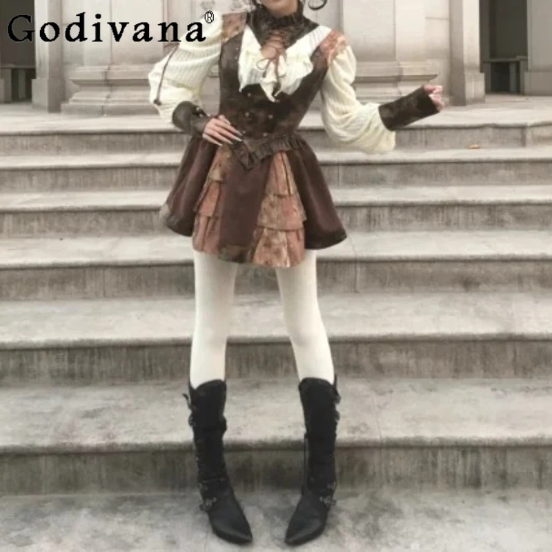 Spring Autumn Punk Knitted Leather Splicing Girl Vintage Lace-Up Shirt Fashion Age Reduction Slim Personality Gothic Street Top