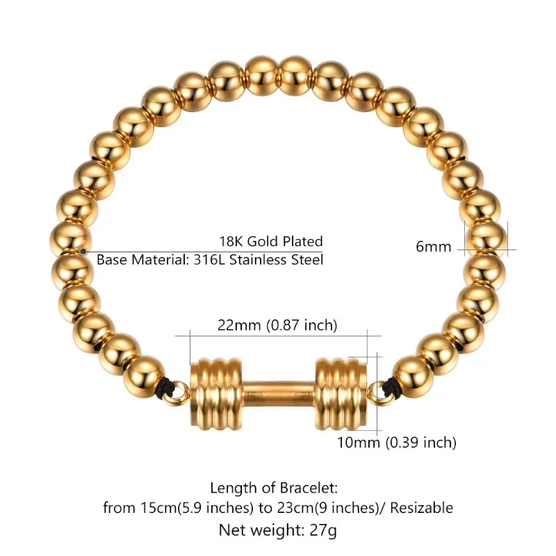 Gold Color 6mm Stainless Steel Ball Dumbbell Bracelets For Man Metal 19Cm Metal Beads Bracelets Jewelry Gift Clearance Sale
