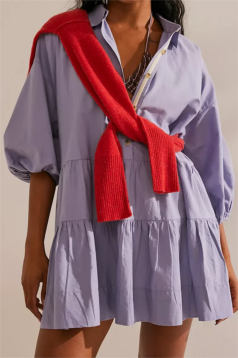 

New Women A Line Mini Dress Casual Loose Fit Solid Color Lapel Collar Button Dress Trendy Pleated Tiered Short Dress Hot Sale