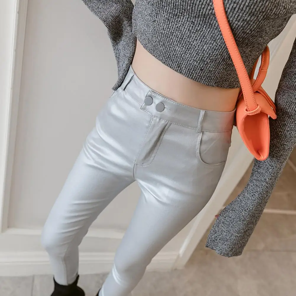 Women Pants Winter Fleece Lined High Waist Leather Leggings with Button Closure Pockets Stylish Matte Elastic Pants for Women