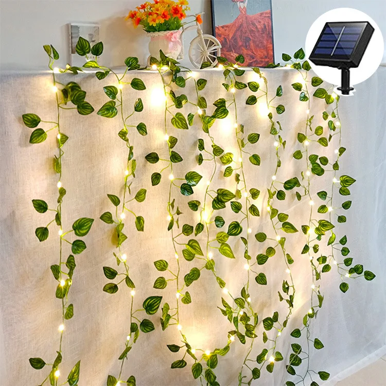 LED Solar Ivy String Lights para exterior, Fairy String Plant Lamp, corda de vime verde, videira artificial, folha de bordo, guirlanda de Natal, 10m