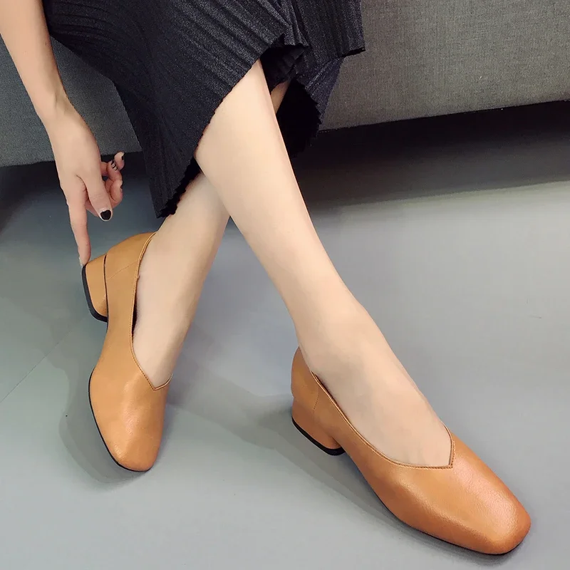 Casual women's shoes  new V-neck simple thick heel shoes soft leather shallow mouth square toe, one foot on lazy women's shoes