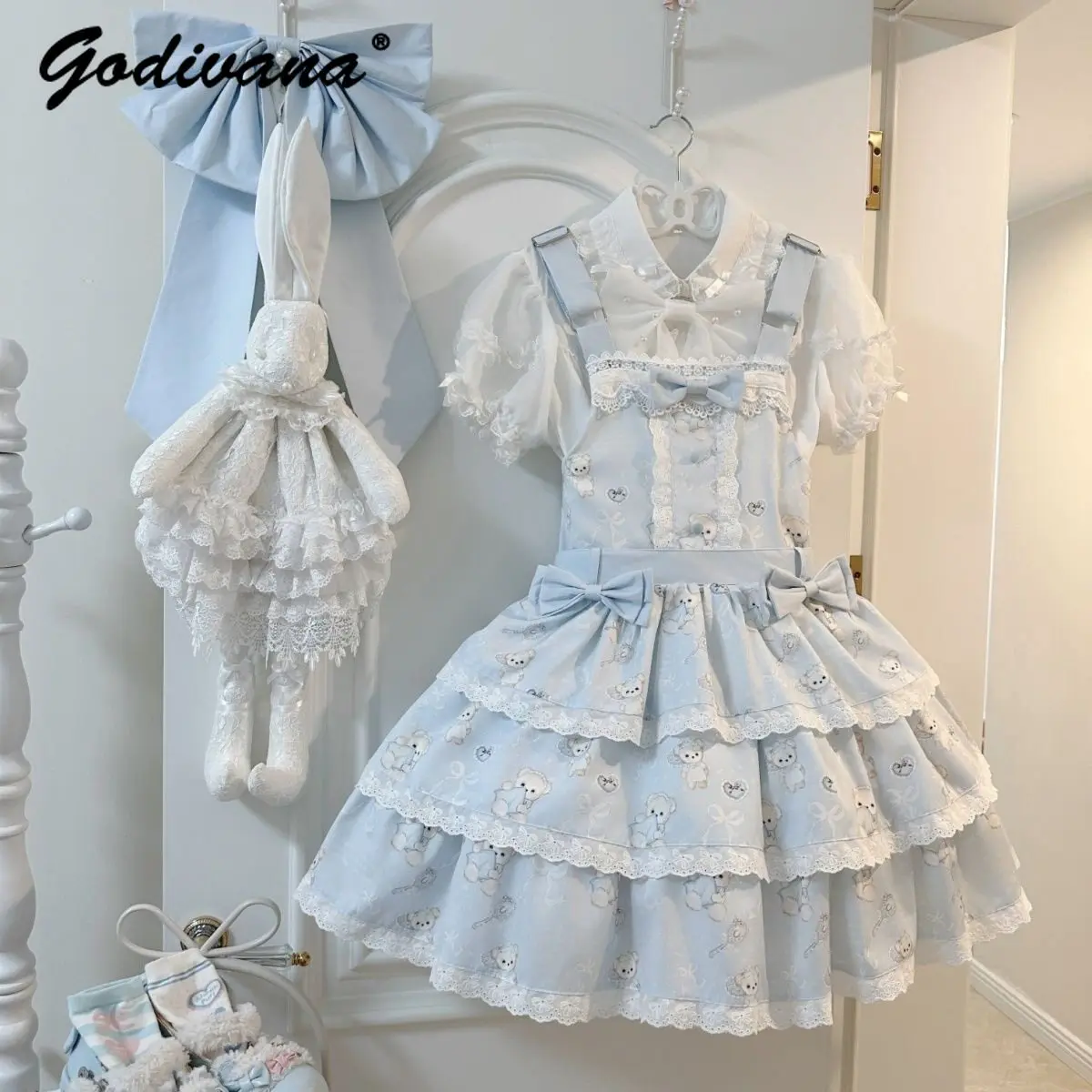 Sweet Baby Girls Summer New Lolita Slip Dress Kids Jsk Lace Trim Bow Train Cute Bear Print Sleeveless Party Gown Layered Dresses