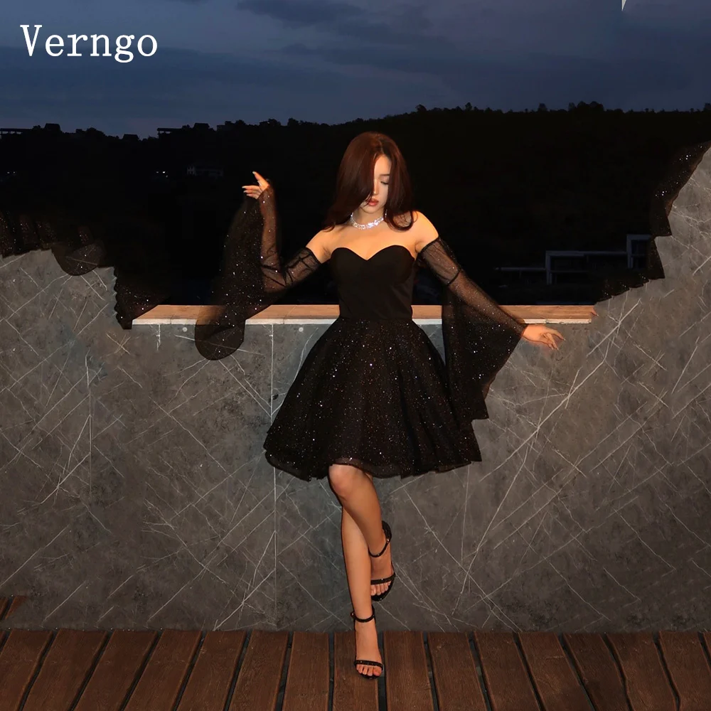 

Verngo Black Shiny Mini Party Dress Sweetheart A Line Prom Party Dress Women Night Detectable Sleeves Prom Gown Customized
