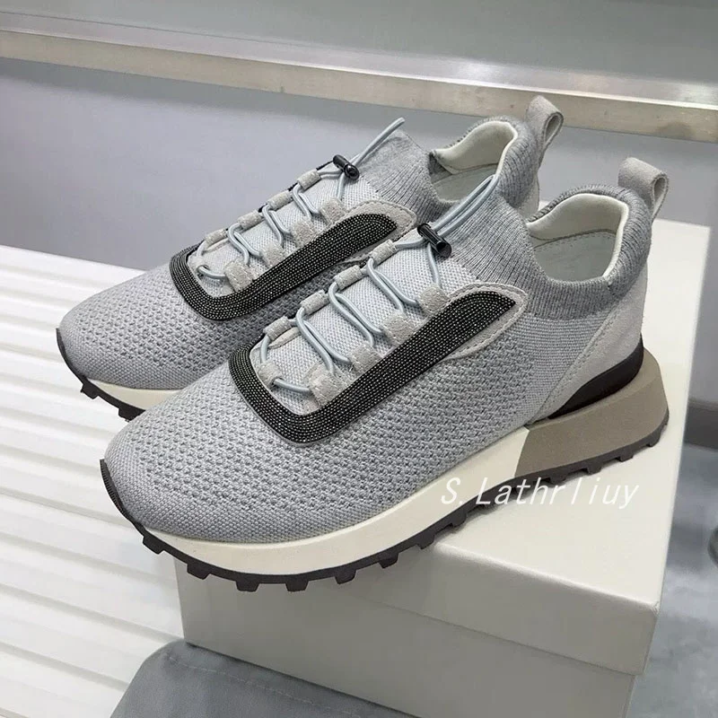Round Toe Beaded Flat Shoes Women Lace Up Breathable Sneakers Autumn Thick Soled Mixed Color Versatile Casual Shoes Running Shoe