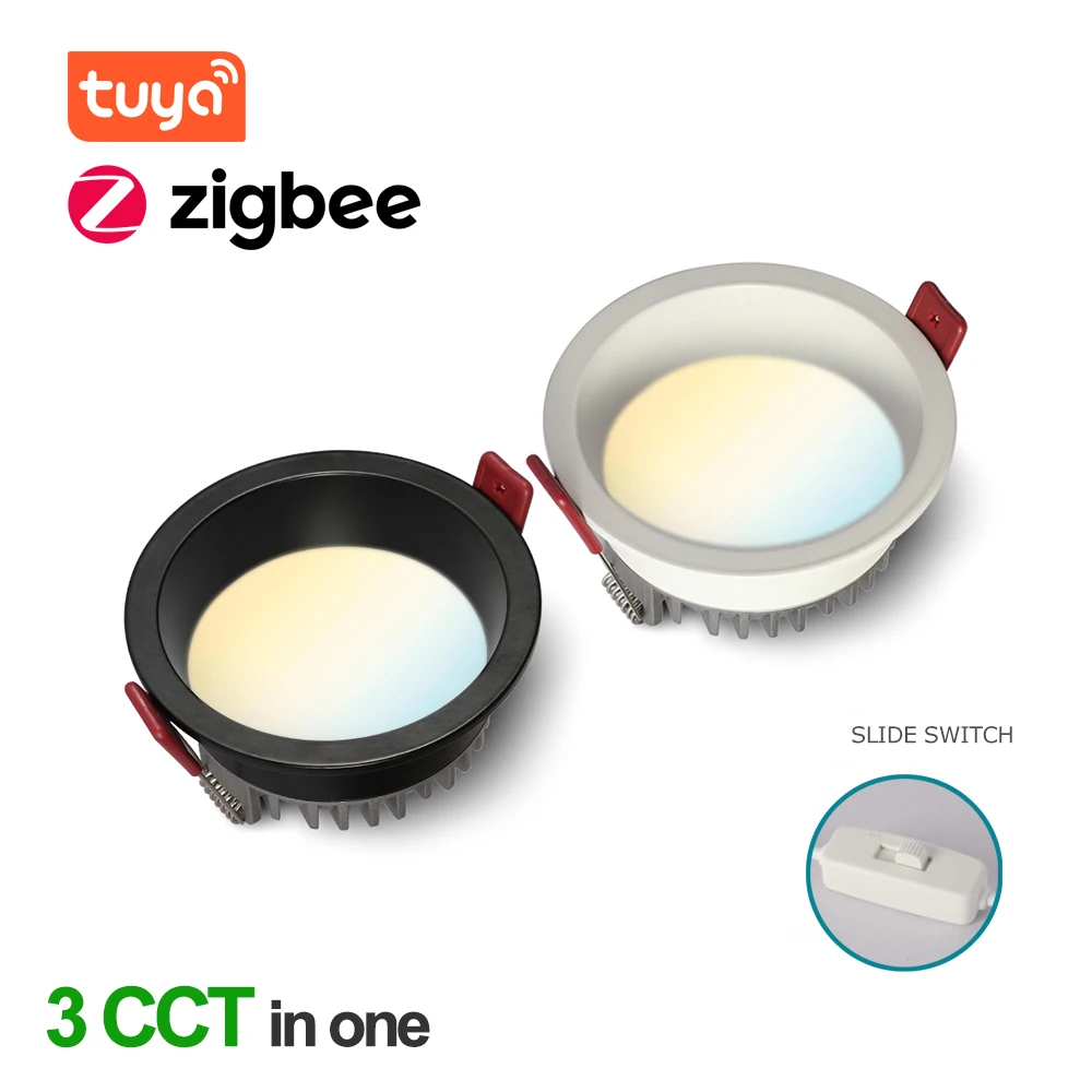 Tuya Zigbee Anti-glare Recessed 3CCT Selectable Dimmable Led Downlight 110V 220V 5W 9W 12W Bedroom Kitchen Indoor Ceiling Lights