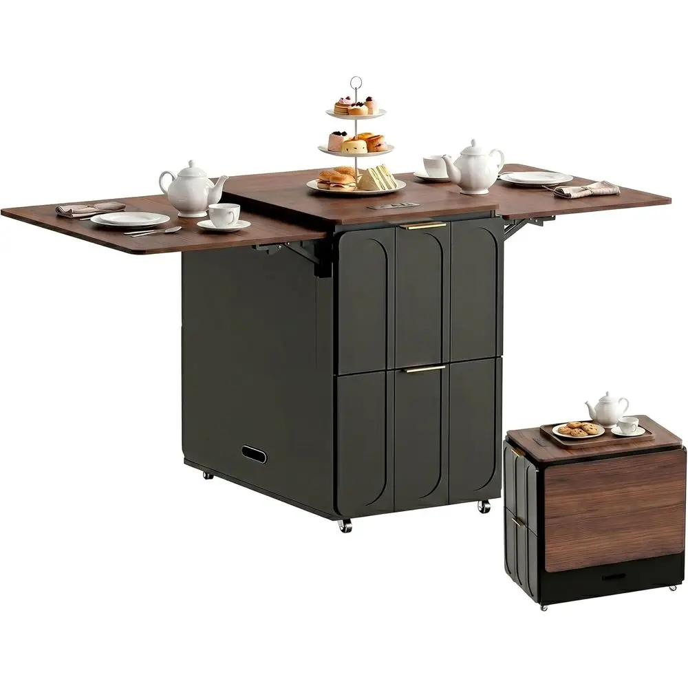 

Space-Saving Expandable Dining Table with 4 Storage Drawers, Suitable for Home, Office, Living Room, Kitchen, in Black Walnut