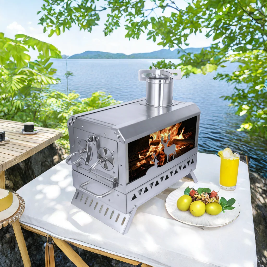 Portable Windproof Fire wood heater with Window, Stainless Steel, Tent Heater, Picnic, Ice-fishing Cooking